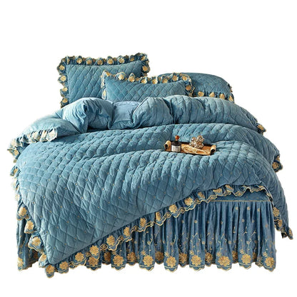 AI WINSURE-Luxury Embroidery Velvet Bedding Set, Quilted Skirted Bedspread with 2 Pillowcases, Queen Double Bed Duvet Cover, 4PC
