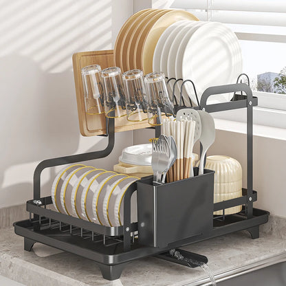 Dish Drying Rack, 2 Tier Over The Sink Dishrack Strainer,Large Capacity W/Drainboard and Utensil Holder,Auto-draining,Non-Slip