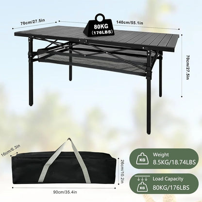 Large Folding Camping Table Aluminum with Storage  Roll Up Tall Outdoor Portable Table Lightweight Picnic BBQ Backyard Beach