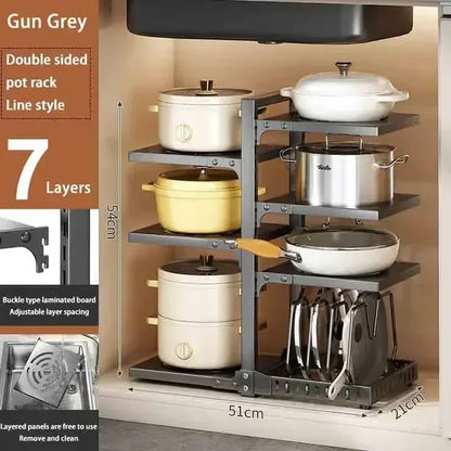 Multilayer Kitchen Under Sink Pot Holder Adjustable Frying Pan Rice Cooker Seasoning Storage Rack Metal Organizer Pot Rack