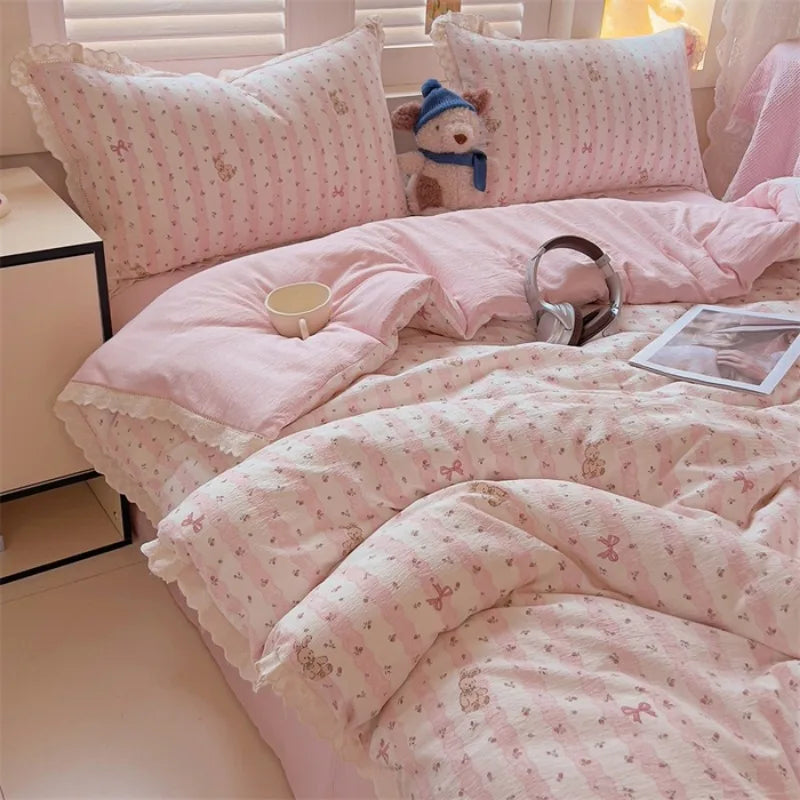 New printed Class A wrinkled yarn double-layer yarn cotton lace four-piece set dormitory bed sheet kit