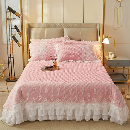 Solid Color Thicked Quilted lace Bed Skirt European Style 245x250cm Coverlet Bed Cover Bed Linen Solid Color King Queen Size