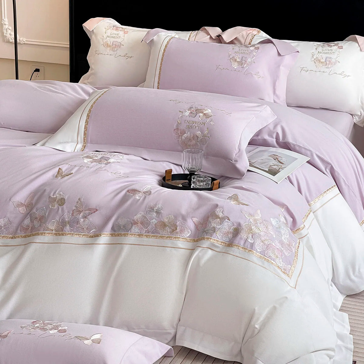 Butterfly Embroidery Bedding Set Luxury 4pcs Egyptian Cotton Duvet Cover Set Flat/Fitted Bed Sheet Pillowcases Home Textiles