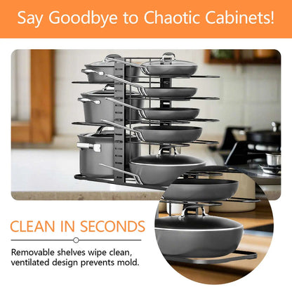 8-Tier Adjustable Pot Rack Organizer Rack Space-saving Cabinet Holder Durable Meta Adjustable Pots Pans lids Kitchen Tool