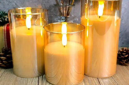 Set of 3 Flameless Rechargeable LED Candles Flickering Remote control w/charging cable Ivory/Gold/Gray Glass pillar candle lamp