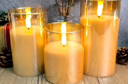 Set of 3 Flameless Rechargeable LED Candles Flickering Remote control w/charging cable Ivory/Gold/Gray Glass pillar candle lamp