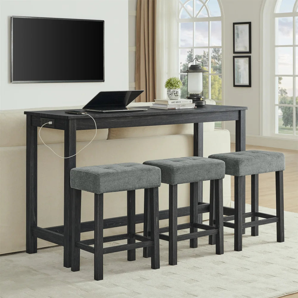59 Inch Bar Table w/Power Outlet,3 Upholstered Stools,4-Piece Set for Living/Dining/Kitchen