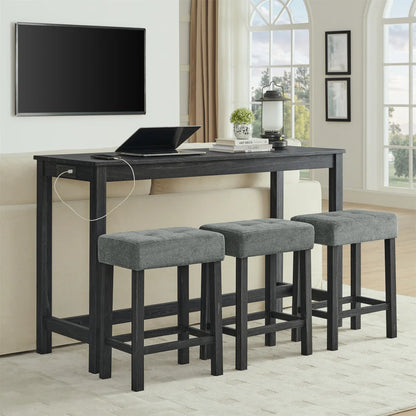 59 Inch Bar Table w/Power Outlet,3 Upholstered Stools,4-Piece Set for Living/Dining/Kitchen