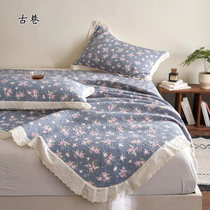 Flower Printed Bed Cover with Lace French Style Washed Cotton Bedspreads Quilted cobre leito de casal Comfortable and Soft 이불패드
