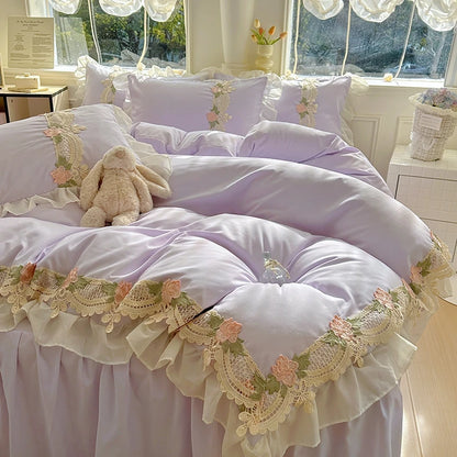 2026 New INS Princess Style Bedding Sets Ruffle Lace Bow Quilt Cover Romantic Bedclothes Woman Girls Bedroom Duvet Cover 4pcs