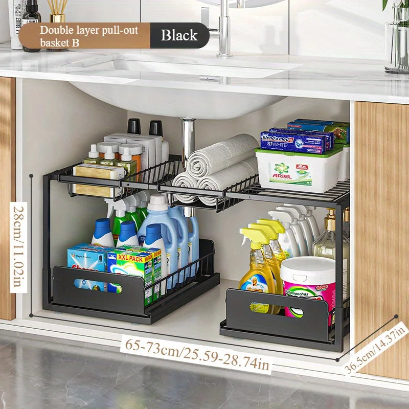 Double layered storage rack under sink - adjustable sliding rail with wire sliding pull, can store more things and save space