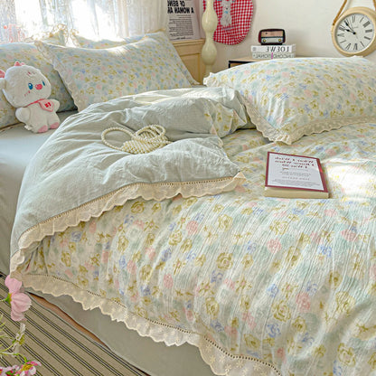 INS Princess Bedding Set Ruffle Lace Quilt Cover Romantic Bedclothes Woman Girls Home Decor Duvet Cover Set Korean Style Floral