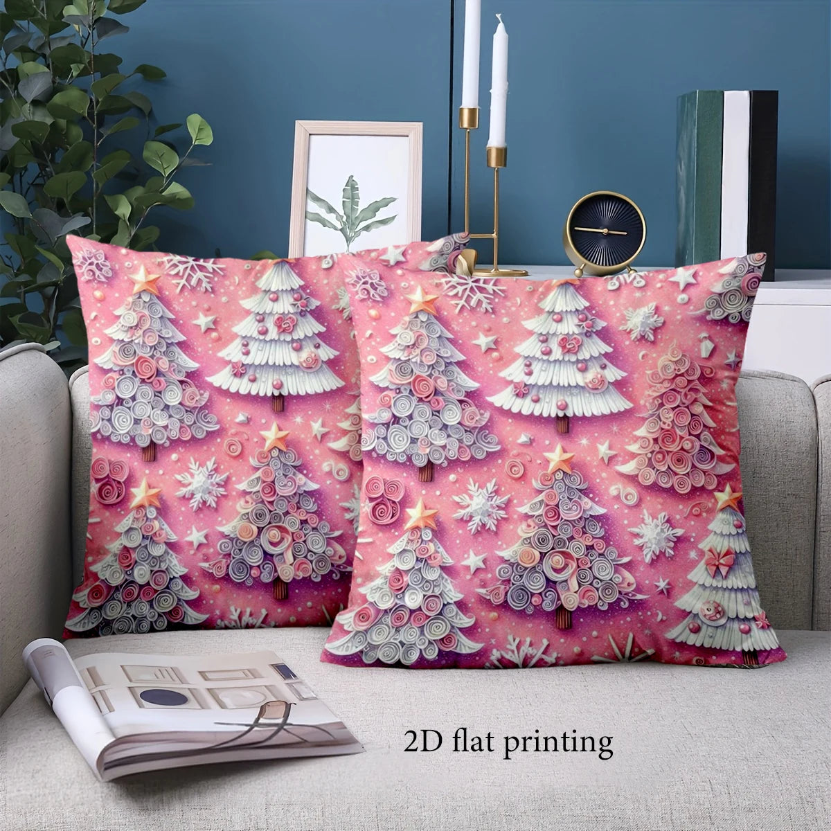 1 pieces -2D flat printing Christmas Tree Pattern Pink Decorative Throw Pillow Polyester pillowcase, sofa decorative cushion cov