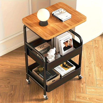 3-Tier Rolling Cart with Tabletop, Metal Tool and Snack Rack with Storage, Durable Carbon Steel Frame, Wheels for Easy Mobility