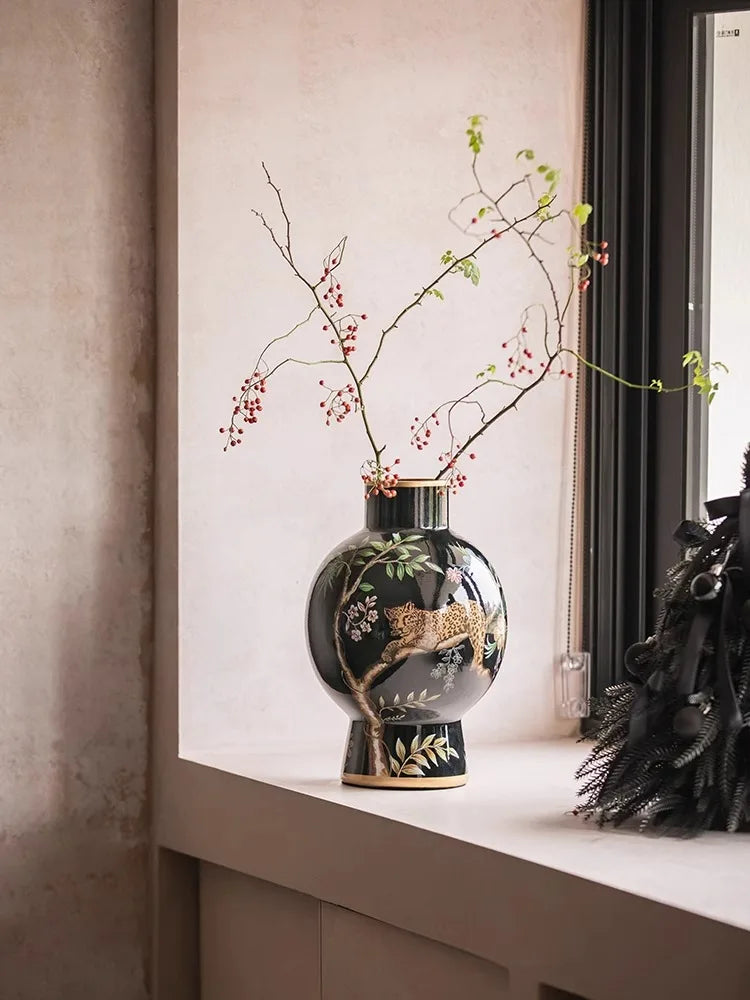 "Lucky Leopard" vase decoration retro high-end flower arrangement ceramic medieval ornaments new Chinese style