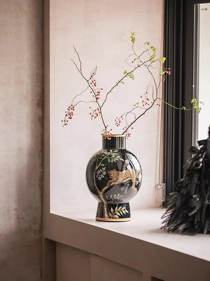 "Lucky Leopard" vase decoration retro high-end flower arrangement ceramic medieval ornaments new Chinese style