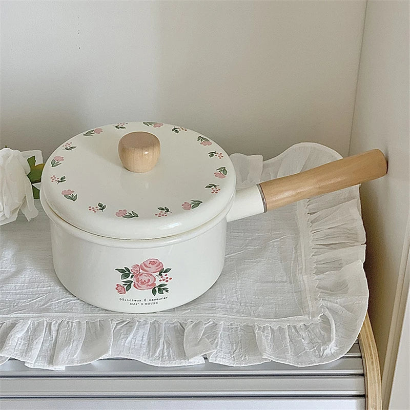 Enamel Milk Pan With Lid Vintage Pink Rose Kitchen Pots Offers Baby Food Pot Small Noodle Soup Pot Enamel Cookware Utensils
