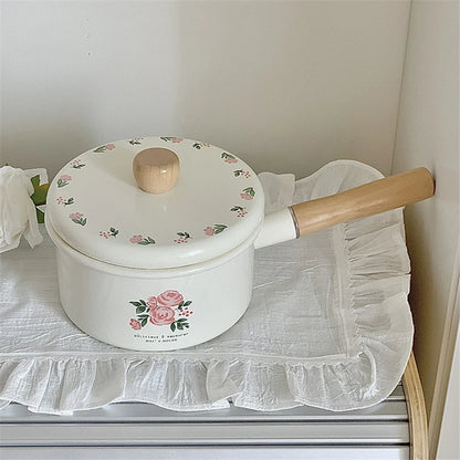 Enamel Milk Pan With Lid Vintage Pink Rose Kitchen Pots Offers Baby Food Pot Small Noodle Soup Pot Enamel Cookware Utensils