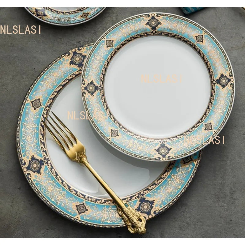 1pcs  Ceramic Steak Plate Household Round Western Flat Plate European High-quality Tableware Underglaze Color Craftsmanship