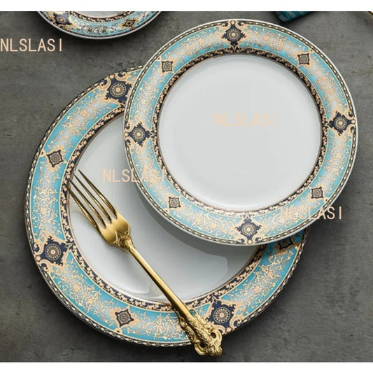 1pcs  Ceramic Steak Plate Household Round Western Flat Plate European High-quality Tableware Underglaze Color Craftsmanship
