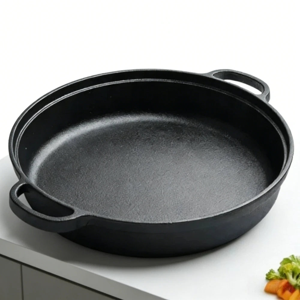 Deepened Flat Bottom Frying Pan Cast Iron Skillet Double Handle Fried Steak Pot Thickened Household Multipurpose Iron Pot