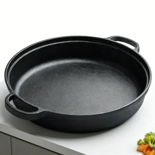 Deepened Flat Bottom Frying Pan Cast Iron Skillet Double Handle Fried Steak Pot Thickened Household Multipurpose Iron Pot