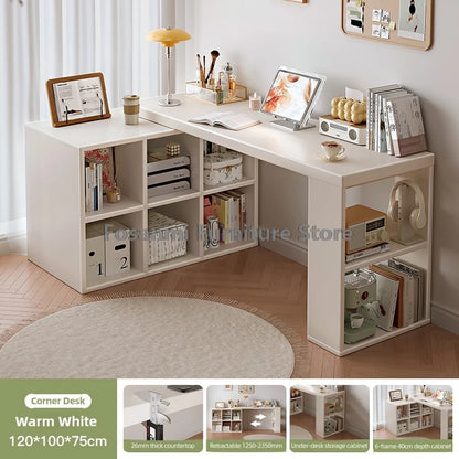 Multifunctional Adjustable White Desk with Storage Cabinet Modern Extendable Table for Bedroom Office Room Simple Corner Desks
