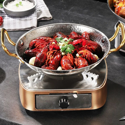 Stainless Steel Hammer Grain Seafood Paella Pan Binaural Handle Flat Bottom Seafood Rice Pot Gold/Silver Thickened Stock Pot