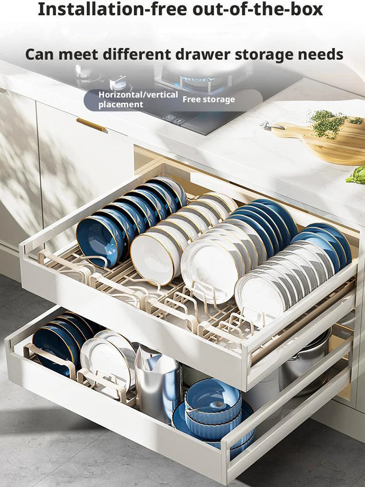 Pull Out Cabinet Dish Storage Rack Stainless Steel Plate Drain Stand Holder Kitchen Drawer Built-in Bowl Rack Basket Organizer
