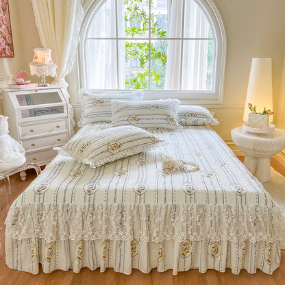 Princess 1 Piece Lace Bed Skirt + 2 Piece Pillowcases Bedding Bedspreads Sheet Pink Lace Bedding Set Bed For Girl Bed Cover