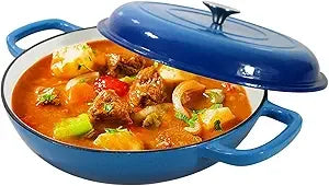 Enameled Cast Iron Dutch Oven 3.8 Quart Pot with Lid - Blue Heavy Duty Dual Handled Skillet - Ideal Family or Friend Gift