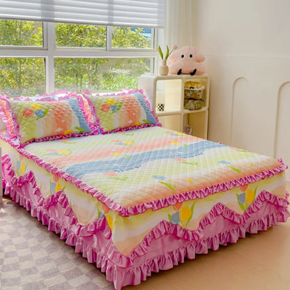 100% Cotton Thicken Quilted Bedspread King Queen Size Princess Lace Bed Skirt Pure Cotton Bed Cover Not Including Pillowcase