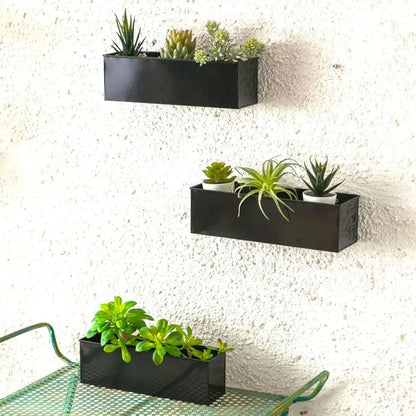 Indoor Wall Planter 3 Pack, 16 Inch Large Wall Mounted Succulent Planters, Black Rectangular Metal Hanging Flower Pot, Long Wind