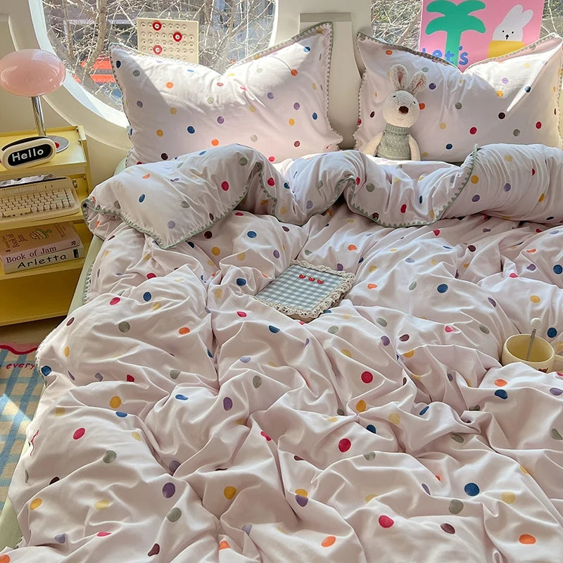 Korean Floral Style Bedding Set Washed Cotton Bed Flat/Fitted Sheets Set Duvet Cover Bed Linen Pillowcase Full Double Queen King