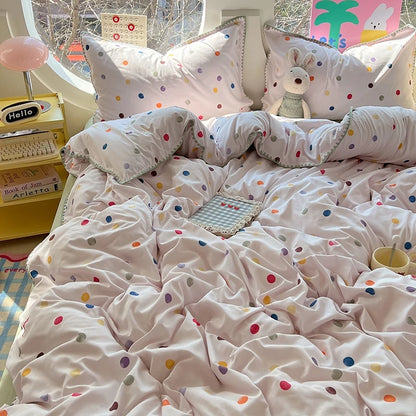 Korean Floral Style Bedding Set Washed Cotton Bed Flat/Fitted Sheets Set Duvet Cover Bed Linen Pillowcase Full Double Queen King