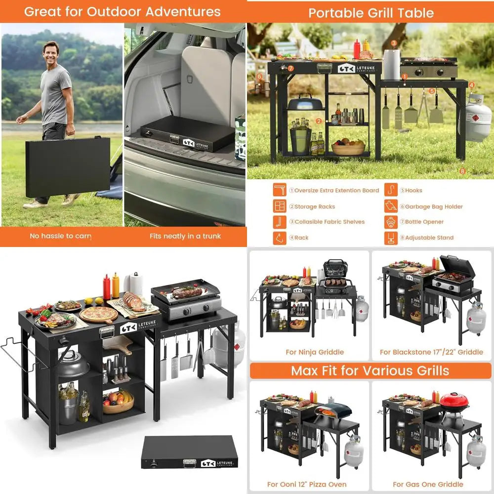 Portable Folding Grill Table with Storage - Ideal for Outdoor Camping, Picnics, Garden, Patio, Dining, BBQ, and Parties
