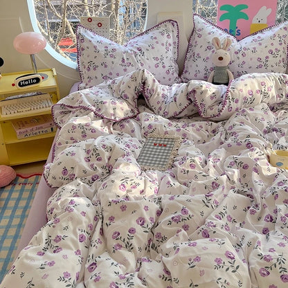 Korean Floral Style Bedding Set Washed Cotton Bed Flat/Fitted Sheets Set Duvet Cover Bed Linen Pillowcase Full Double Queen King