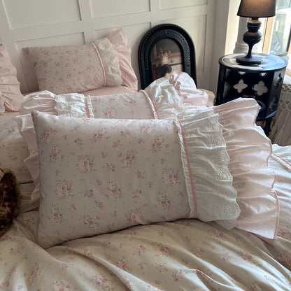 Pink Floral Double Layer Lace Ruffles 100% Cotton Bedding Set Duvet Cover Set Bed Sheet/Bed Skirt/Fitted Sheet Pillowcases 4Pcs