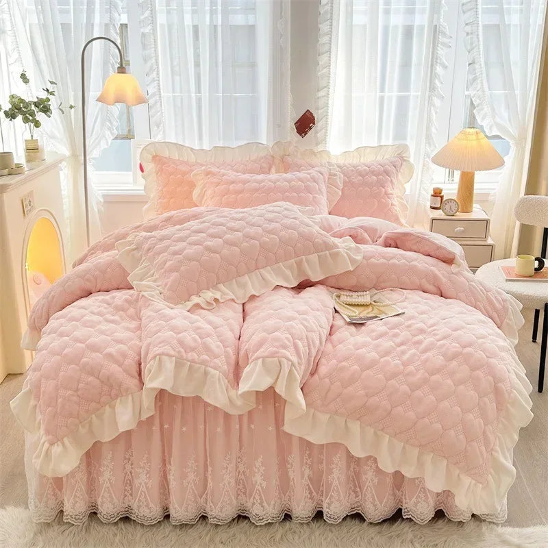 Full-set quilt cover bed skirt four-piece warm winter milk velvet bedspread 4-piece coral velvet bedspread