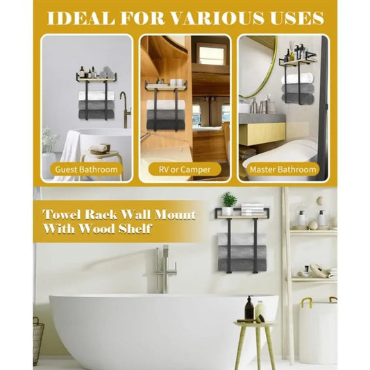 Wood and Iron Bathroom Shelf Rectangle Shape Space Saving Shower Shelf Rust Proof Large Capacity Storage Rack Bathroom Use