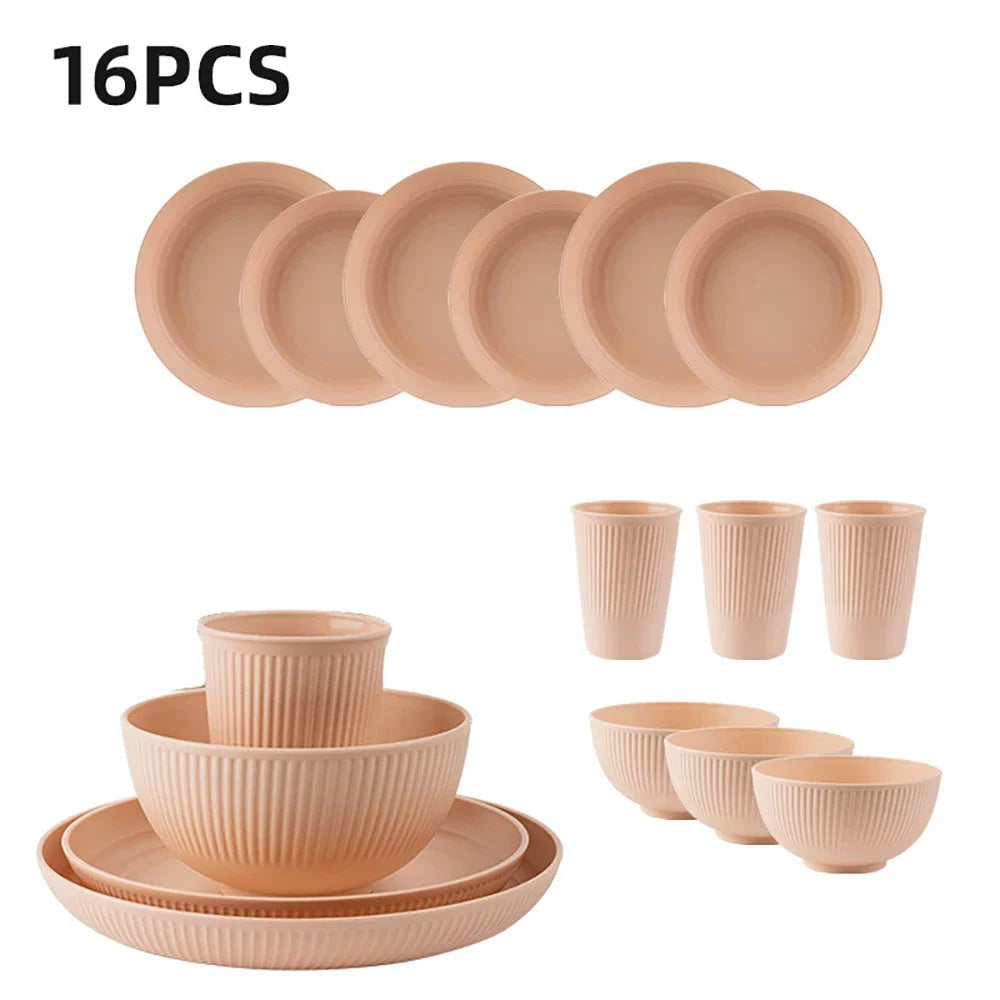 16Pcs Reusable Plastic Tableware Set Including Plates Bowls and Cups Suitable for Family Picnics and School Supplies