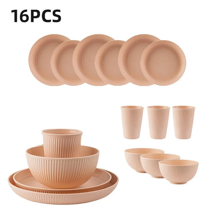 16Pcs Reusable Plastic Tableware Set Including Plates Bowls and Cups Suitable for Family Picnics and School Supplies