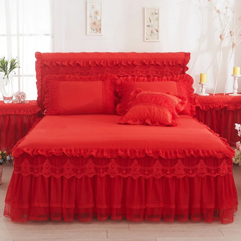 Princess 1 Piece Lace Bed Skirt + 2 Piece Pillowcases Bedding Bedspreads Sheet Pink Lace Bedding Set Bed For Girl Bed Cover