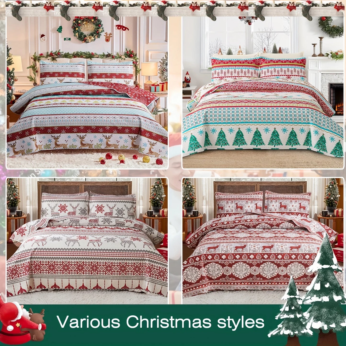 Christmas Quilt Cover Set Twin/Queen/King Size - Soft 100% Microfiber Lightweight Bedspread Coverlet with Festive Reindeer