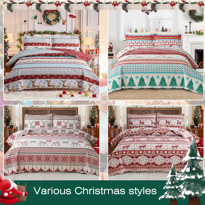 Christmas Quilt Cover Set Twin/Queen/King Size - Soft 100% Microfiber Lightweight Bedspread Coverlet with Festive Reindeer