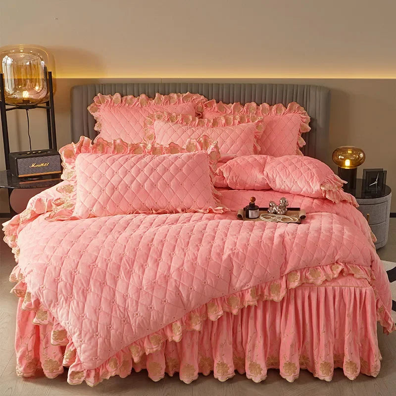 AI WINSURE-Luxury Embroidery Velvet Bedding Set, Quilted Skirted Bedspread with 2 Pillowcases, Queen Double Bed Duvet Cover, 4PC