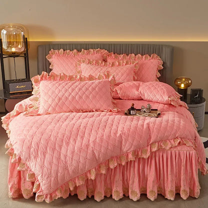 AI WINSURE-Luxury Embroidery Velvet Bedding Set, Quilted Skirted Bedspread with 2 Pillowcases, Queen Double Bed Duvet Cover, 4PC