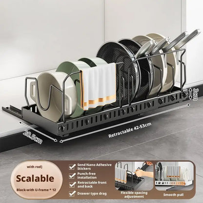 Pots and Pans Organizer Under Cabinet Sliding Pot Lid Storage Holder Kitchen Adjustable Slide Out Dish Pan Storage Rack Shelf