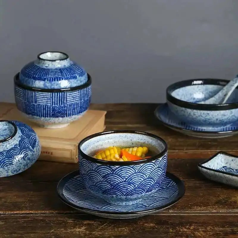 Wave Pattern Tableware Stew Bowl Ceramic Dessert Bowl With Cover Cup Spoon