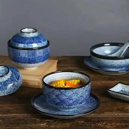 Wave Pattern Tableware Stew Bowl Ceramic Dessert Bowl With Cover Cup Spoon